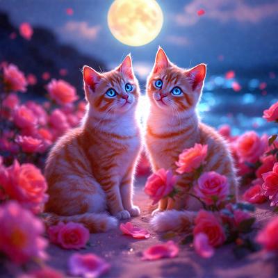 The primary subject of the image is two cats sitting on a sandy beach at night. They are surrounded by a beautiful and colorful environment, with pink flowers and a moon in the background. The visual style of the image is a digital art or illustration, creating a whimsical and dreamy atmosphere. The dominant colors in the scene are pink and purple, which add to the overall mood of the image.